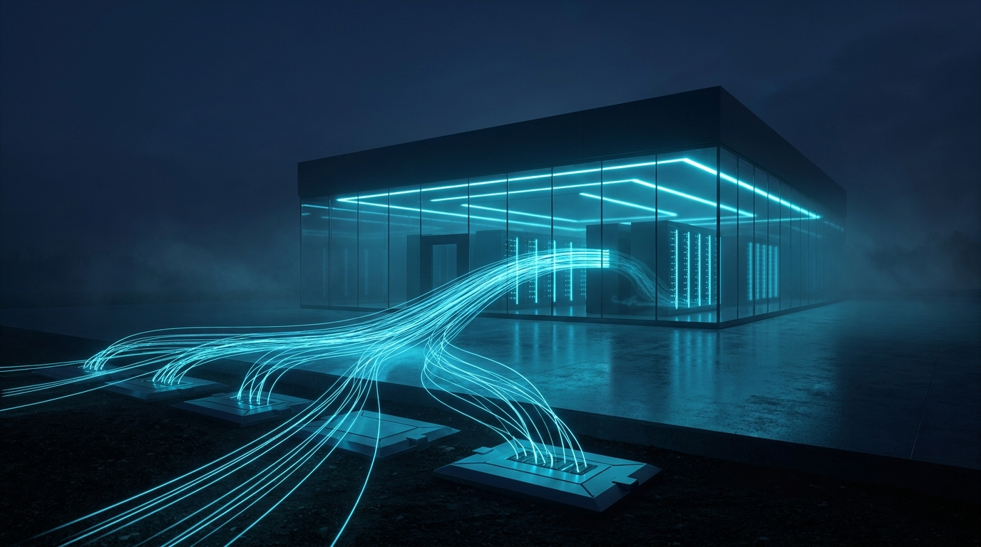 A cyan current of power flowing into a data center
