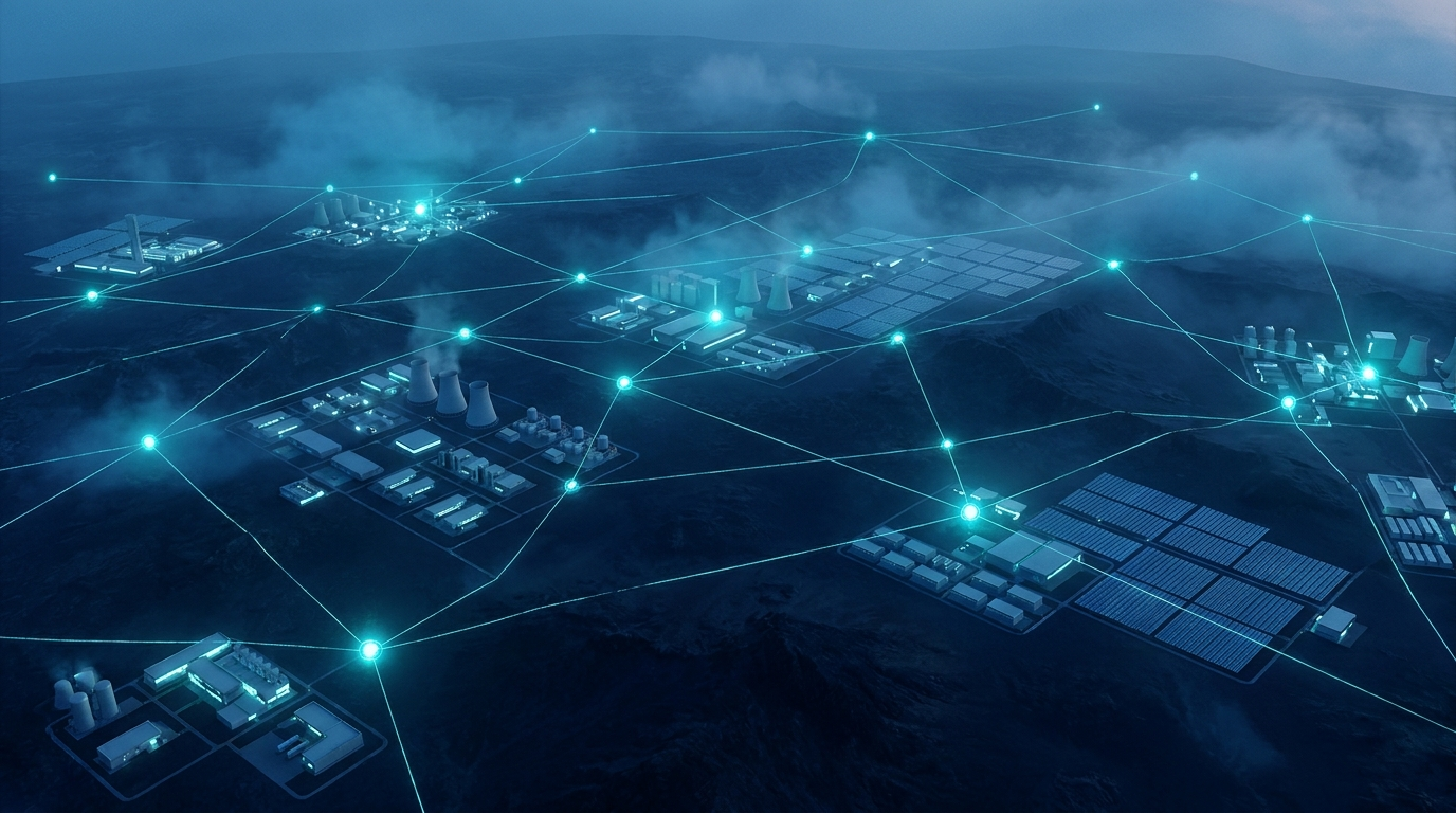 Aerial view of a national-scale energy and data campus at twilight