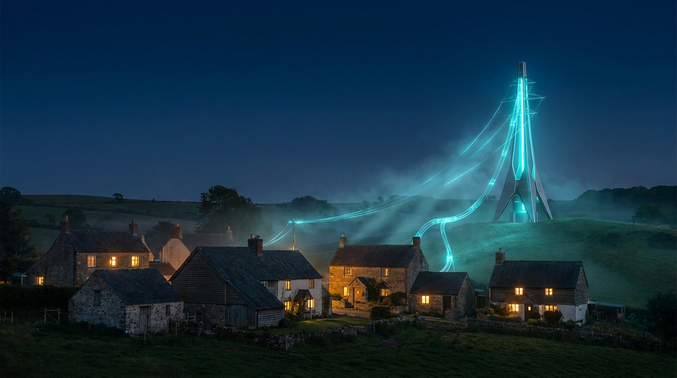 A modern energy installation quietly powering a community at blue hour