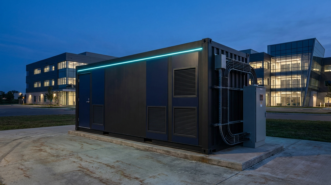 RT BESS containerized storage block staged for delivery at dusk